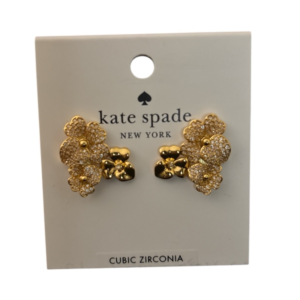 Kate Spade Gold Floral Pansy Earrings with Cubic Zirconia NWT